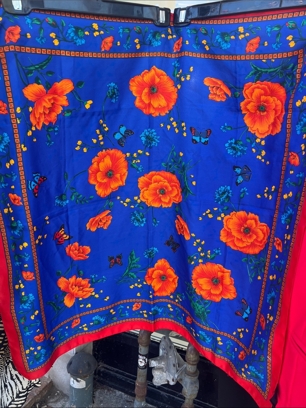 Vibrant Vintage Blue Floral Scarf with Orange Poppies